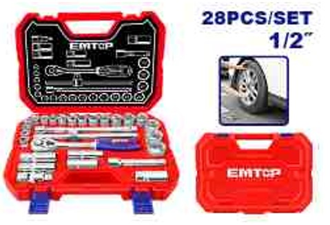 28 Pcs 1/2" Socket Set, Ratchet, Deep Sockets, Extension Bars, Complete Set